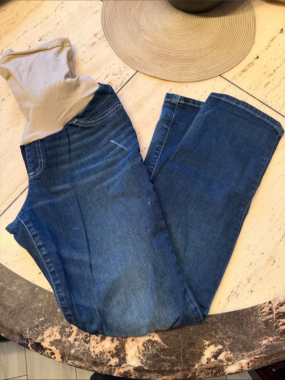 Indigo Blue Dark Blue Jeans with Beige Stretch Waist Panel & Distressed Details